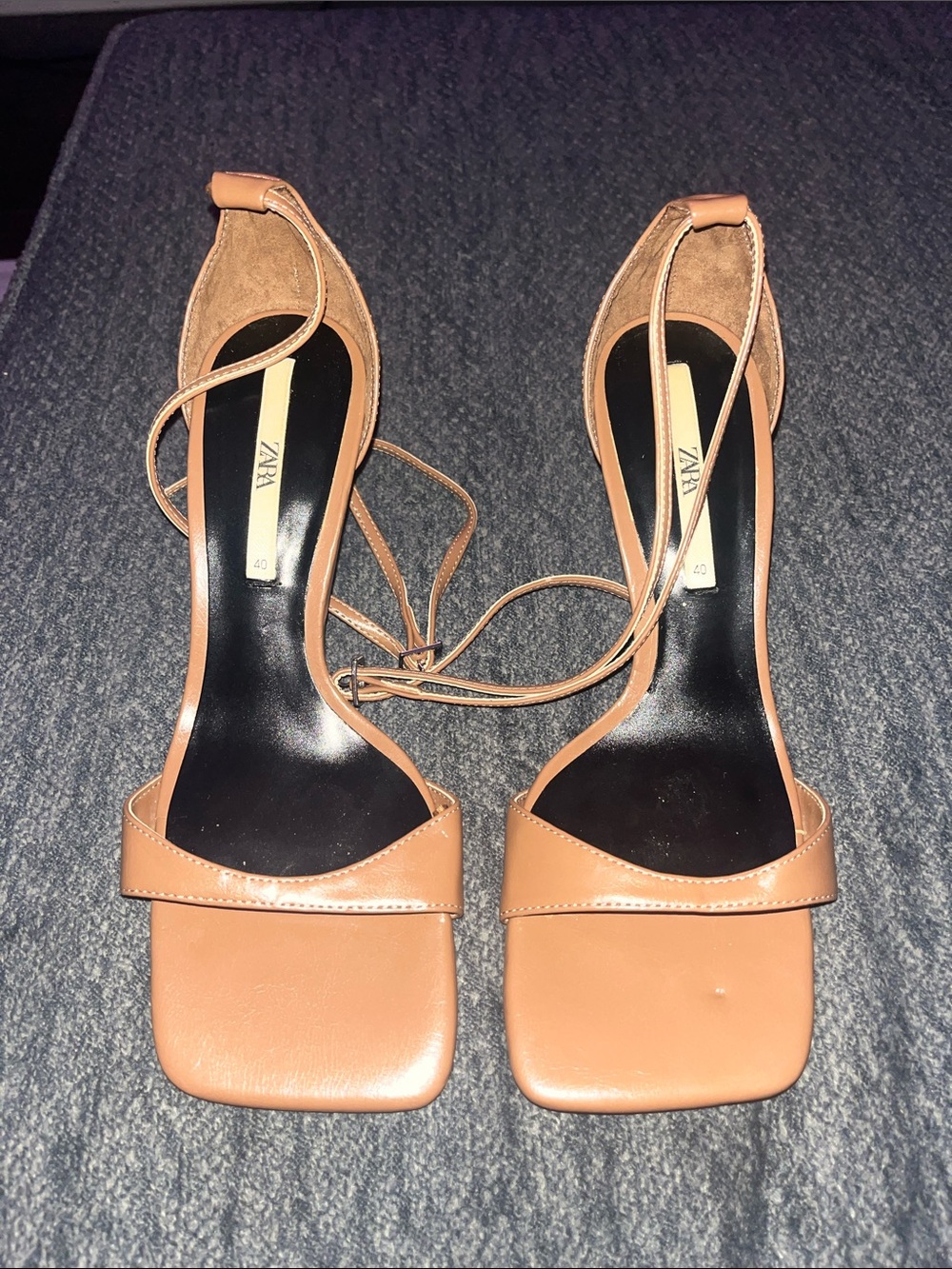 Zara Tan Square-Toe Ankle-Tie Heeled Sandals